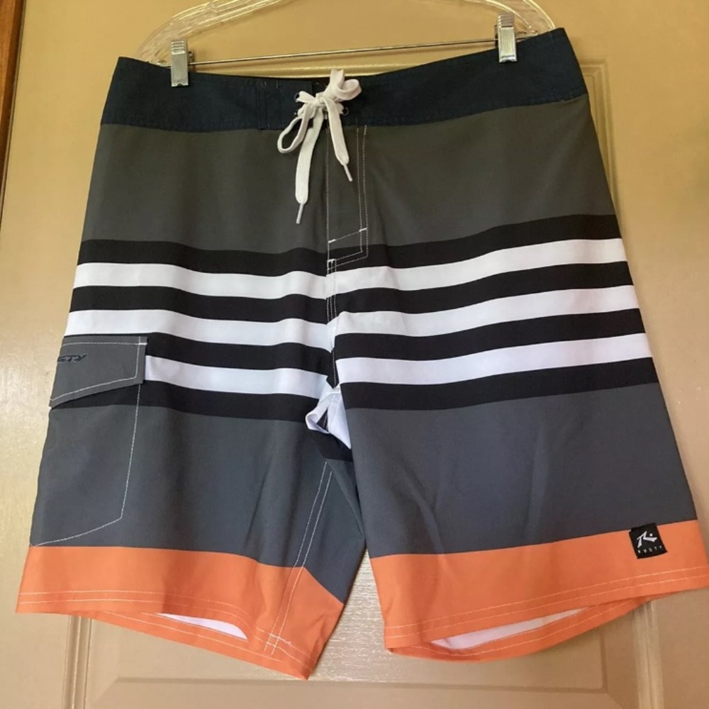 Men’s Rusty black gray orange striped swim trunks board shorts size 34